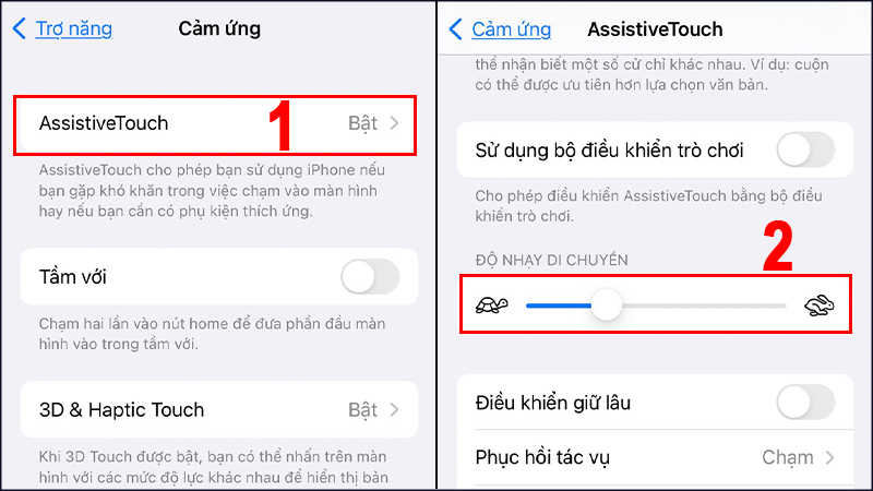 Trong giao diện AssistiveTouch bạn có thể kéo để tùy chỉnh Độ nhạy di chuyển